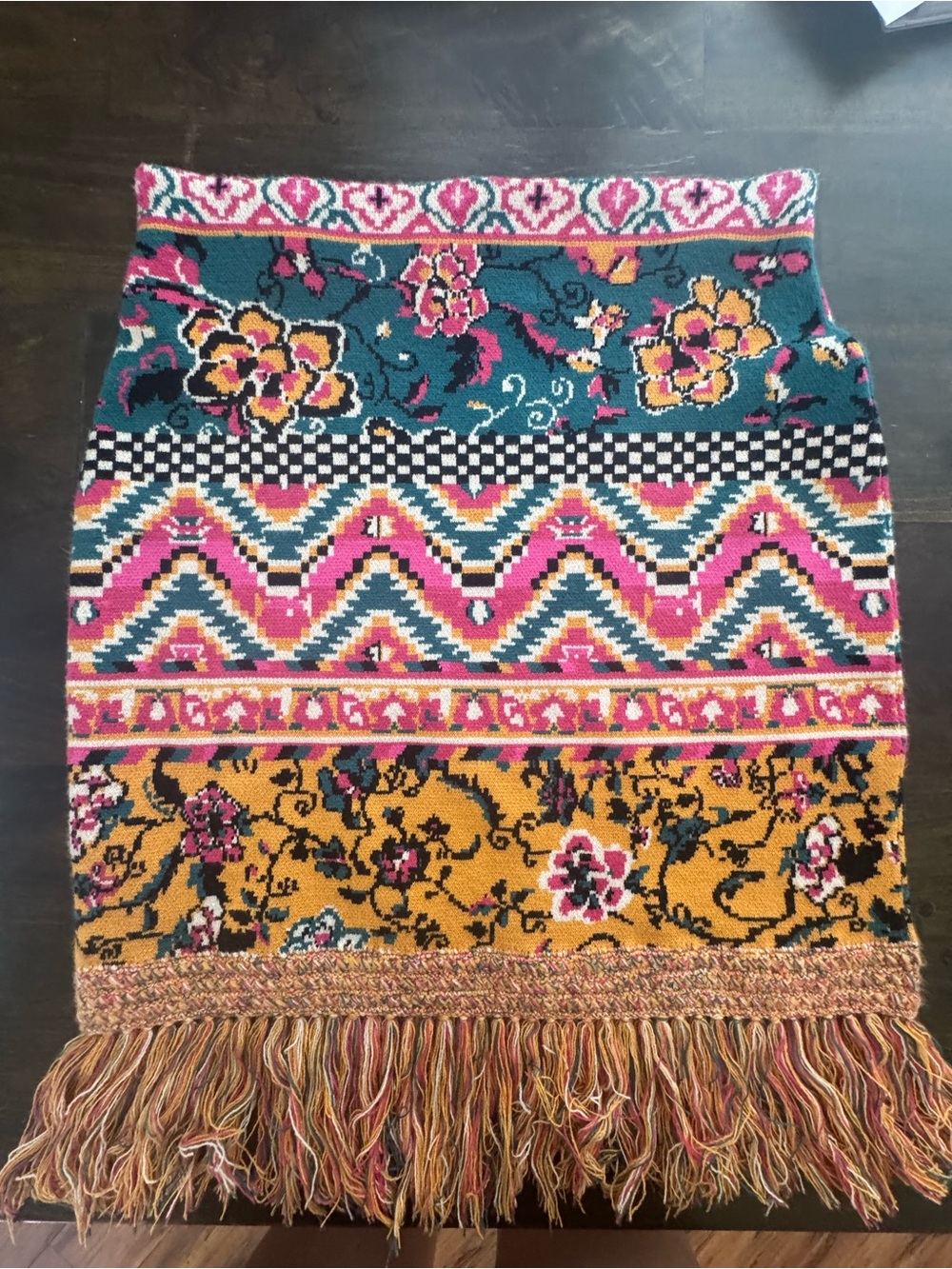 Anthropologie Teal Pink Mustard Patterned Fringe Knit knee length skirt
